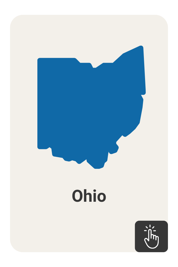 Blue outline of the state of Ohio with a click icon on a dark grey background.