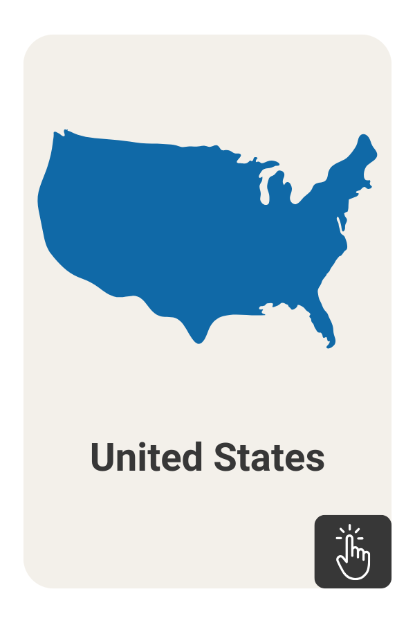 Blue outline of the United States with a click icon on a dark grey background.