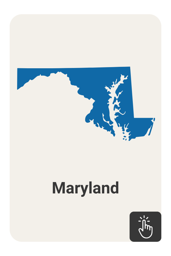 Blue outline of the state of Maryland with a click icon on a dark grey background