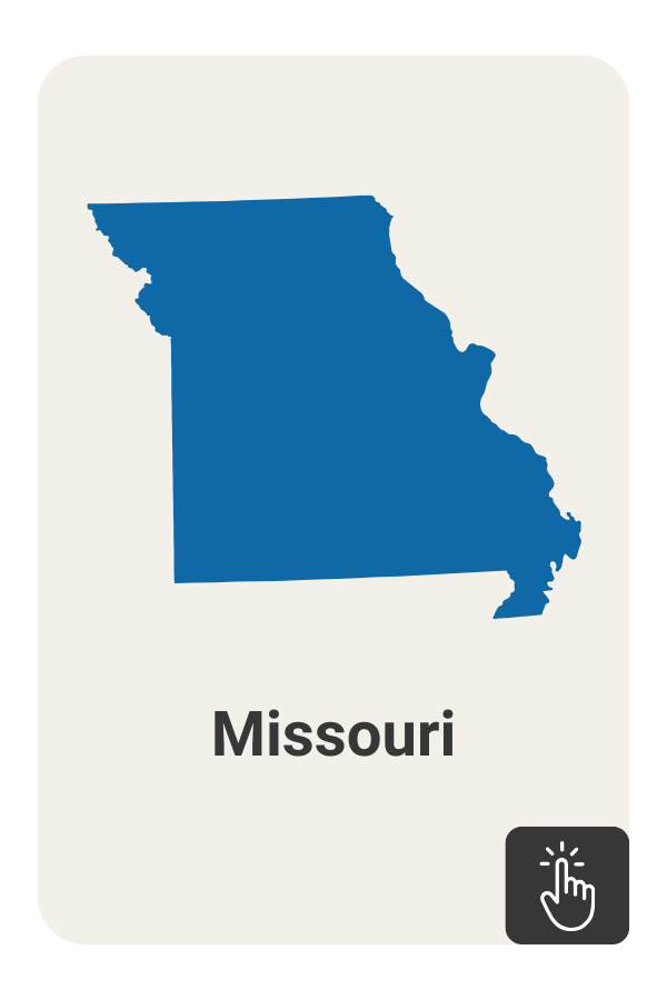 Blue outline of the state of Missouri with a click icon on a dark grey background