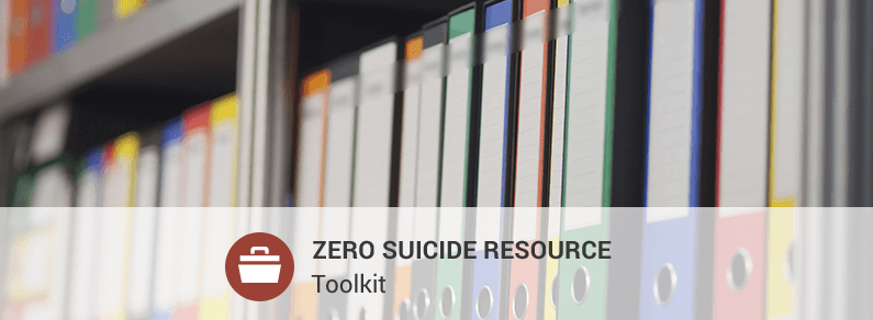 Books on a shelf with an overlay that says Zero Suicide Resource and has a graphic of a toolbox