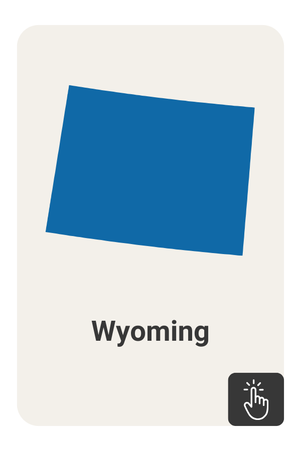 Blue outline of the state of Wyoming with a click icon on a dark grey background