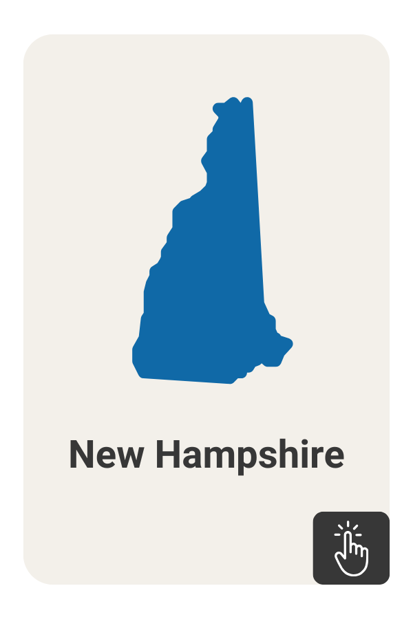 Blue outline of the state of New Hampshire with a click icon on a dark grey background.