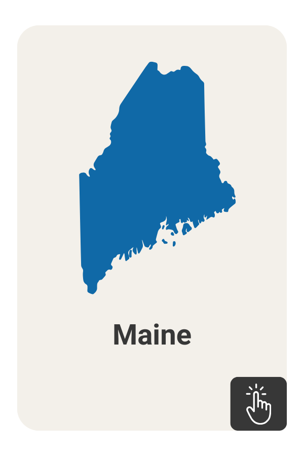 Blue outline of the state of Maine with a click icon on a dark grey background.