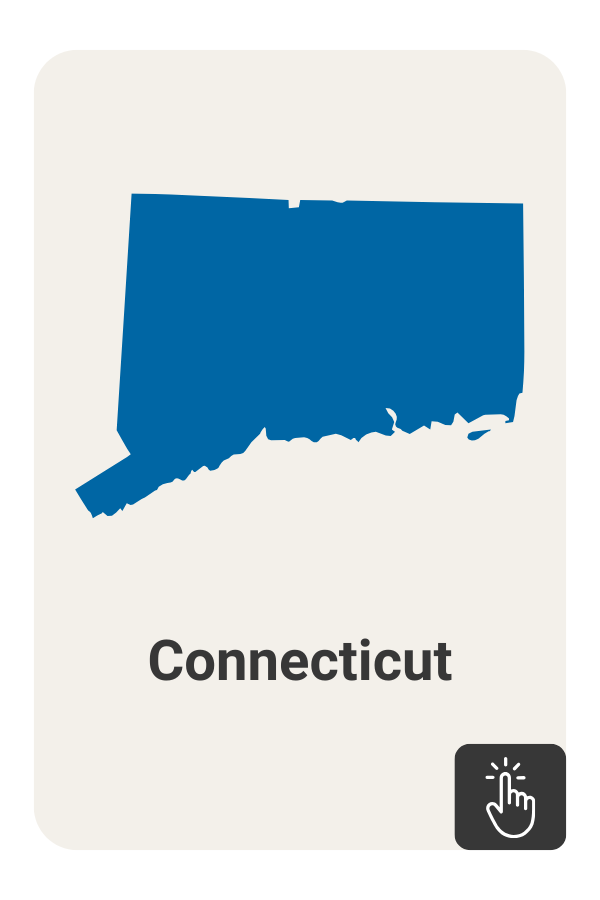 Blue outline of the state of Connecticut with a click icon on a dark grey background.