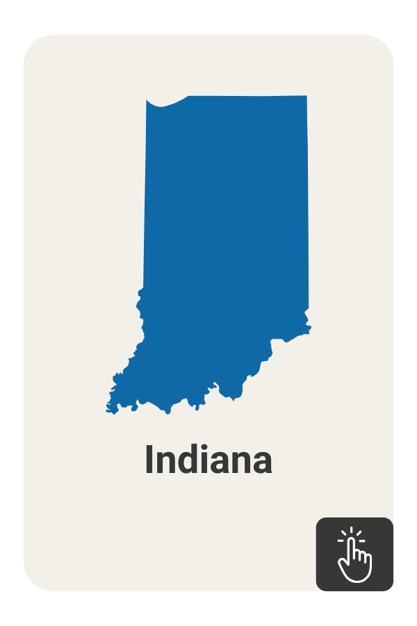 Blue outline of the state of Indiana with a click icon on a dark grey background