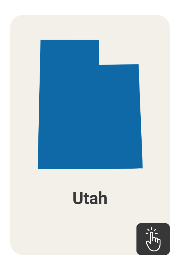 Blue outline of the state of Utah with a click icon on a dark grey background