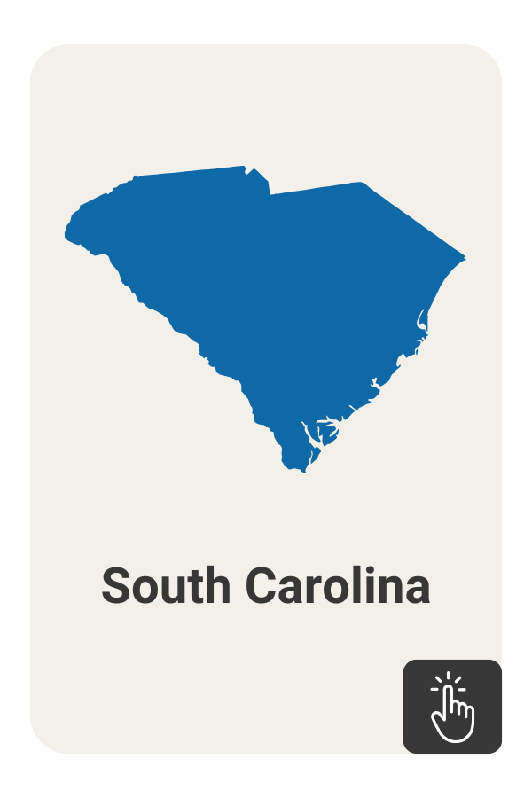 Blue outline of the state of South Carolina with a click icon on a dark grey background.